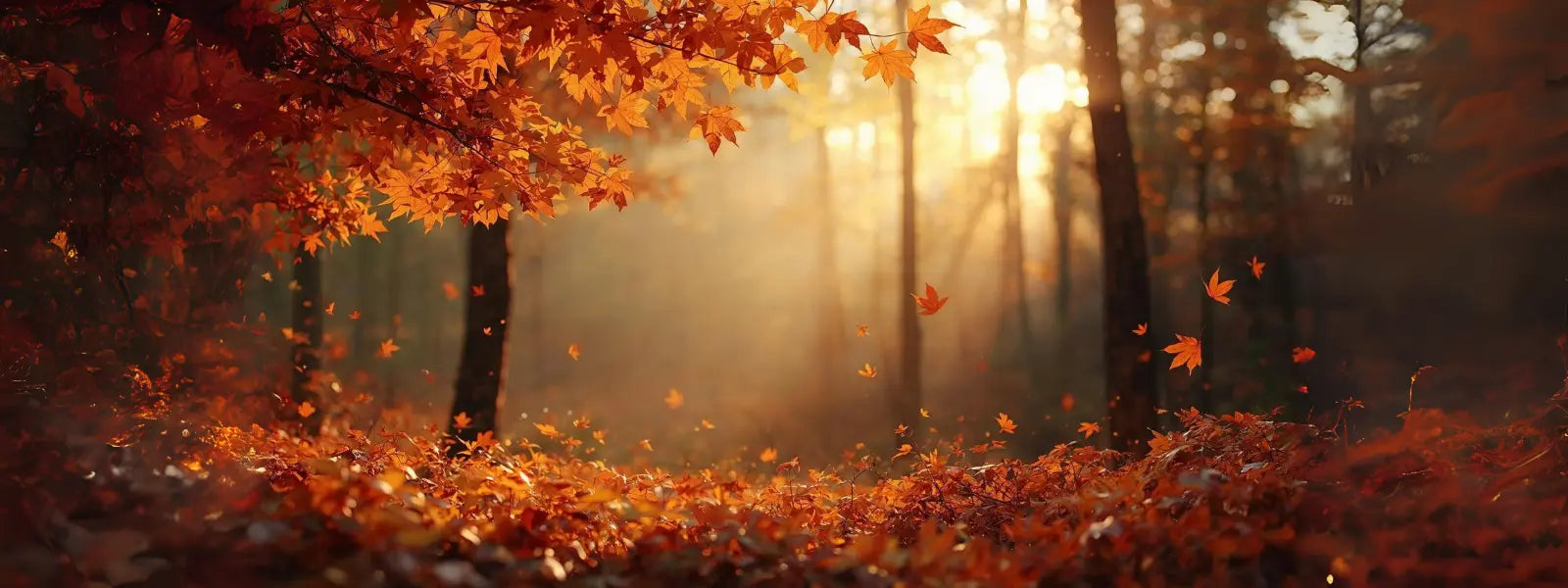 Golden autumn forest with vibrant orange maple leaves on the ground and branches overhead, soft sunlight streaming through the trees and gentle leaves drifting in the warm glow.